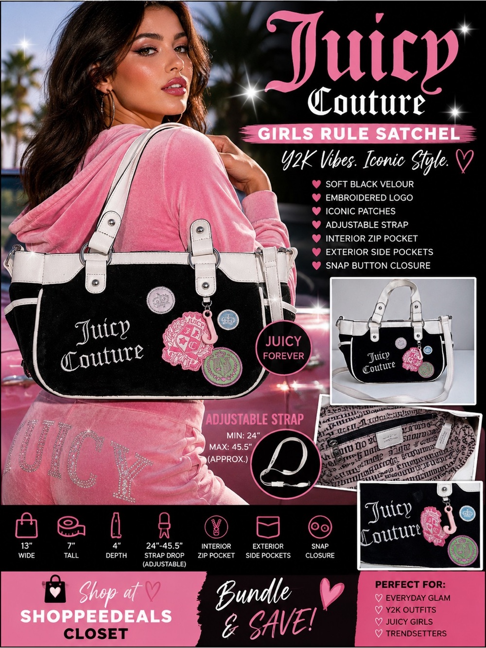 Juicy Couture “Girls Rule” Black Velour Satchel Crossbody Bag